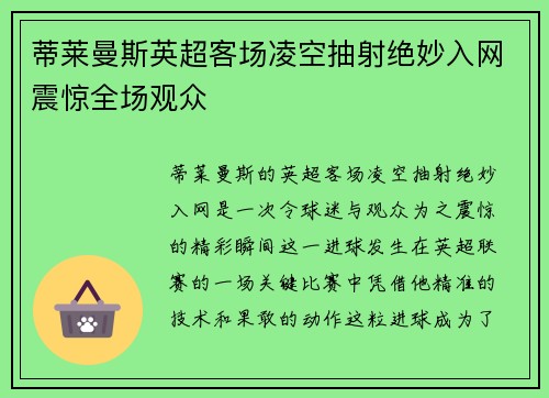 蒂莱曼斯英超客场凌空抽射绝妙入网震惊全场观众